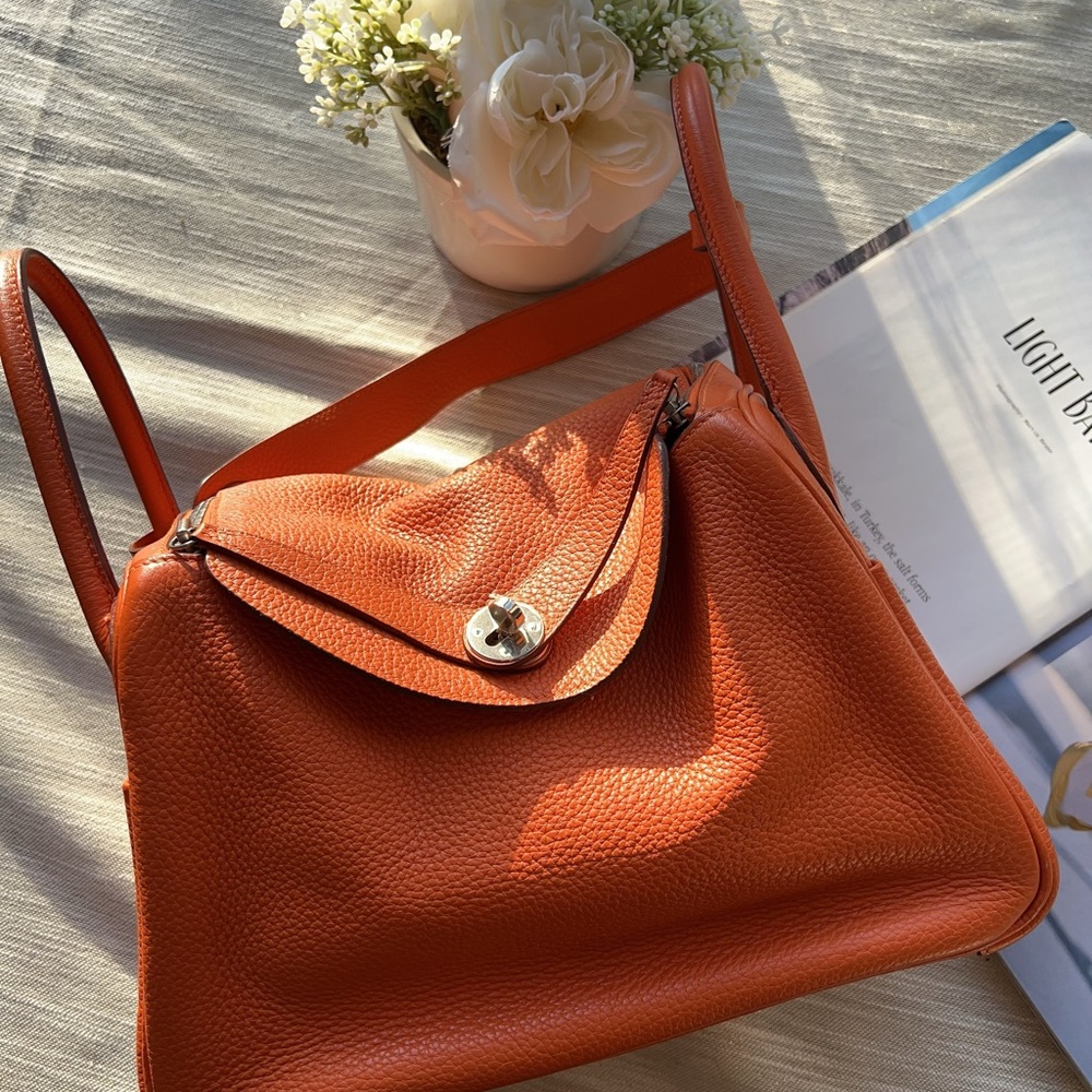 Hermes Orange Clemence Palladium Plated Lindy Bag 30 - Picture 12 of 12